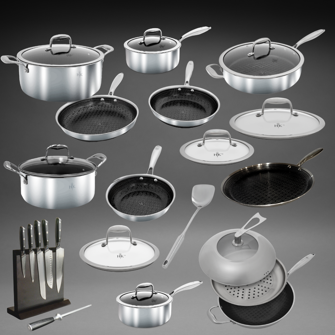 DREAM KITCHEN BUNDLE: 28 Piece Pots, Pans, and Knife Set