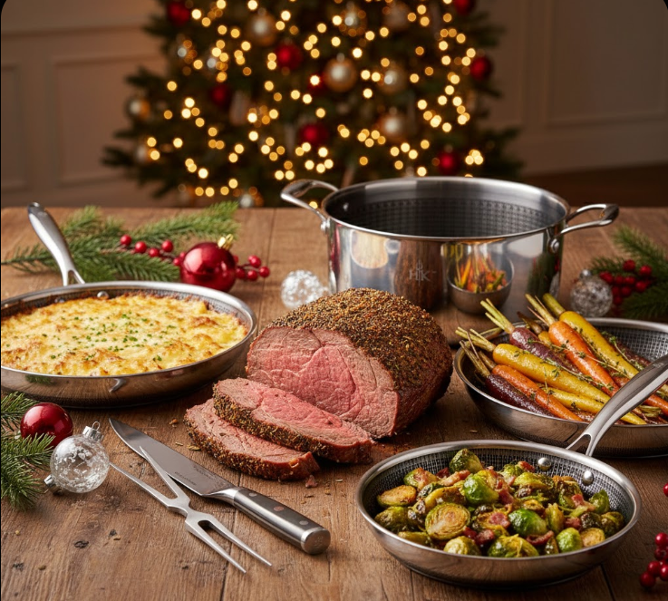 Holiday Prime Rib Dinner with Carrots Brussels Sprouts and Potato Gratin