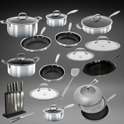 DREAM KITCHEN BUNDLE: 28 Piece Pots, Pans, and Knife Set