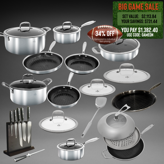 DREAM KITCHEN BUNDLE: 28 Piece Pots, Pans, and Knife Set