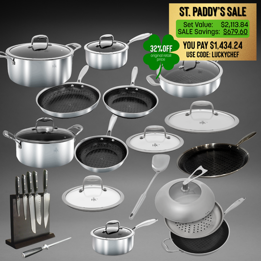 DREAM KITCHEN BUNDLE: 28 Piece Hybrid Pots, Pans, and Damascus Knife Set