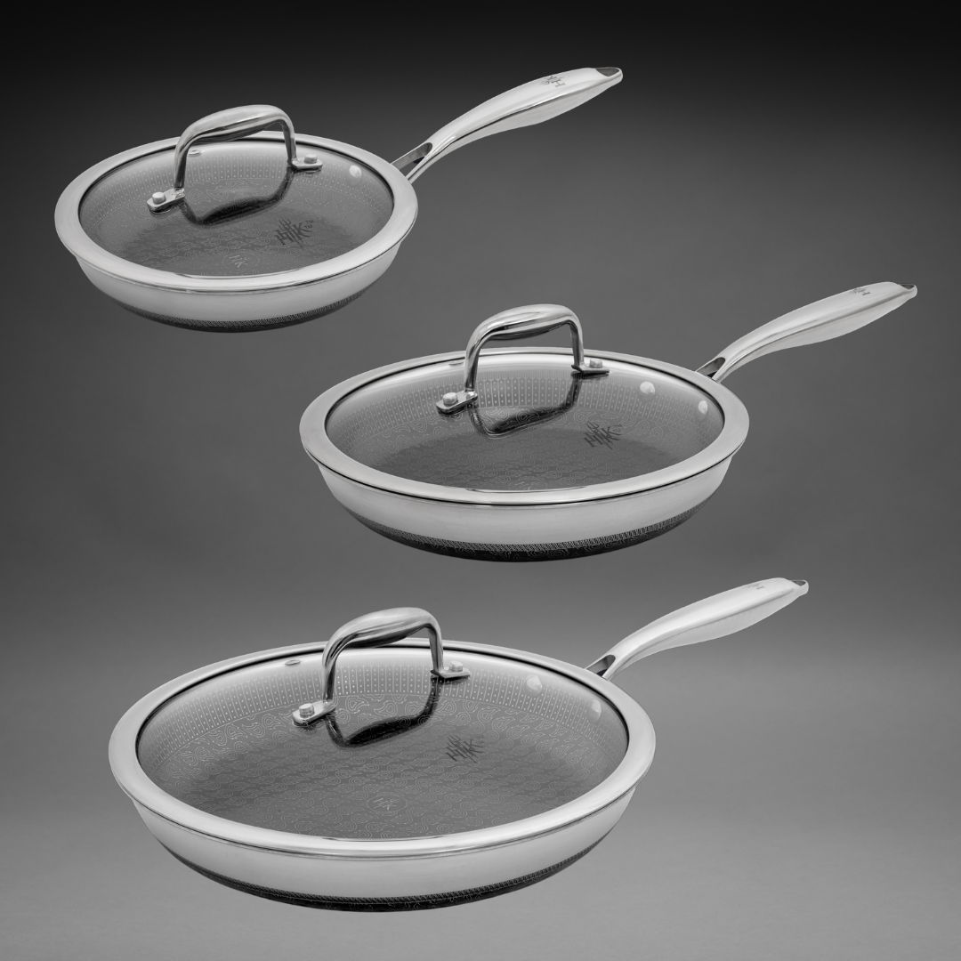 The Sizzle Set: 6 Piece Frying Pans + Lids – Hell's Kitchen Store The Sizzle Set: 6 Piece Frying Pans + Lids – Hell's Kitchen Store
