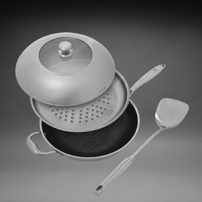Flavor Dome: 4 Piece Wok + Accessories Bundle - Button Lid