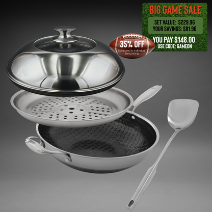 Flavor Dome: 4 Piece Wok + Accessories Bundle - Button Lid